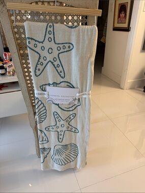 Coastal Collection Cream & Teal Seashell & Starfish Reversible Throw Blanket